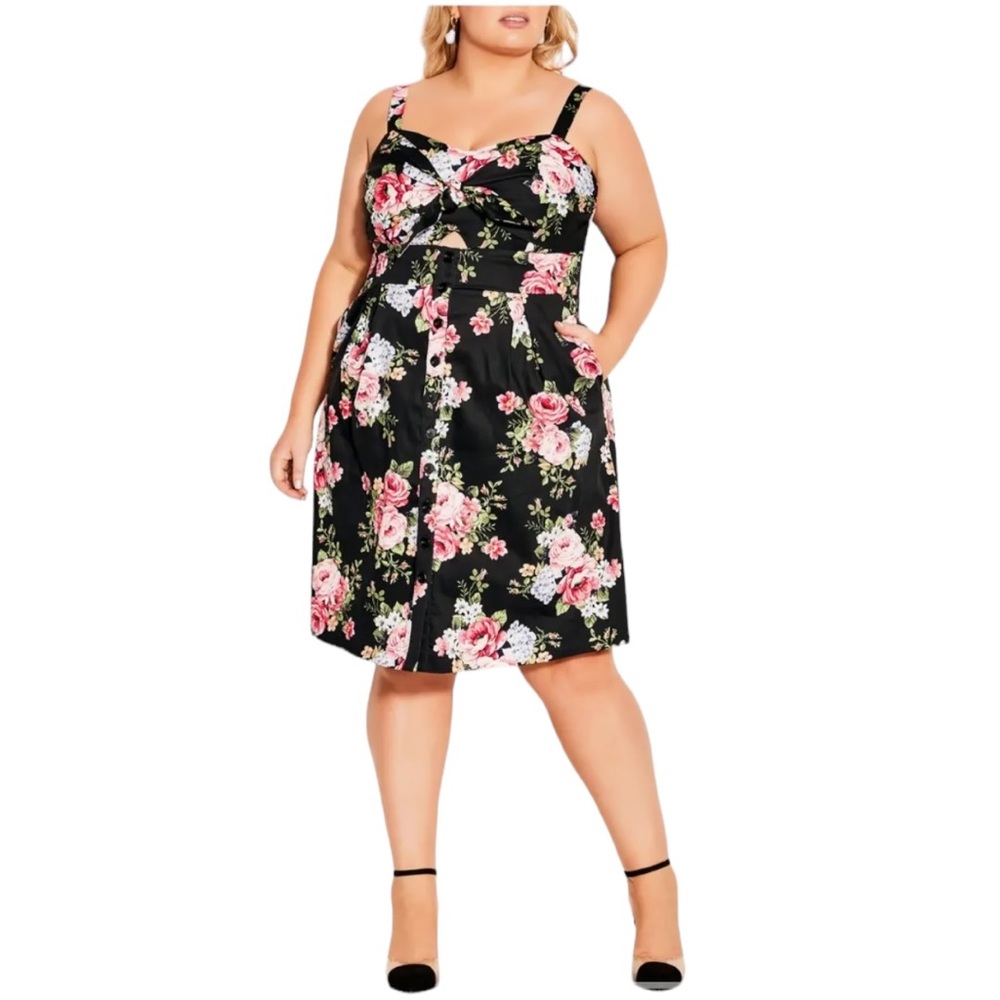 City Chic Sweet Retro Sleeveless Dress in Black Floral size XXL/24 NWT